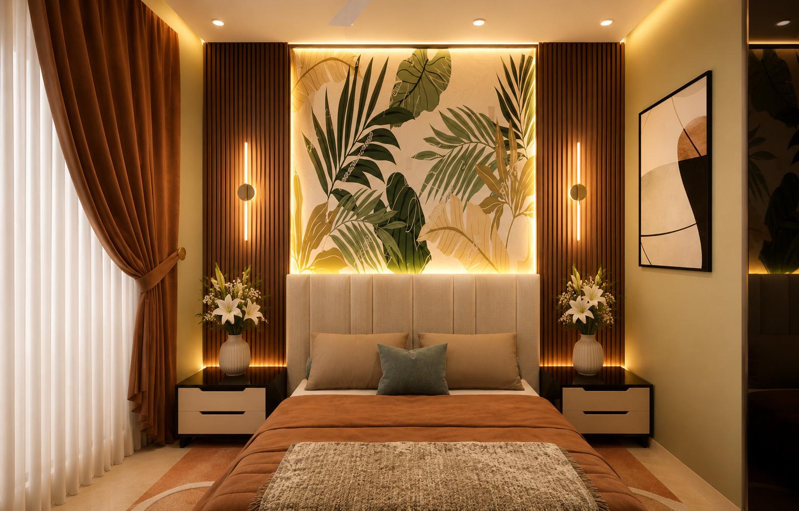 Warm luxurious master bedroom with botanical mural